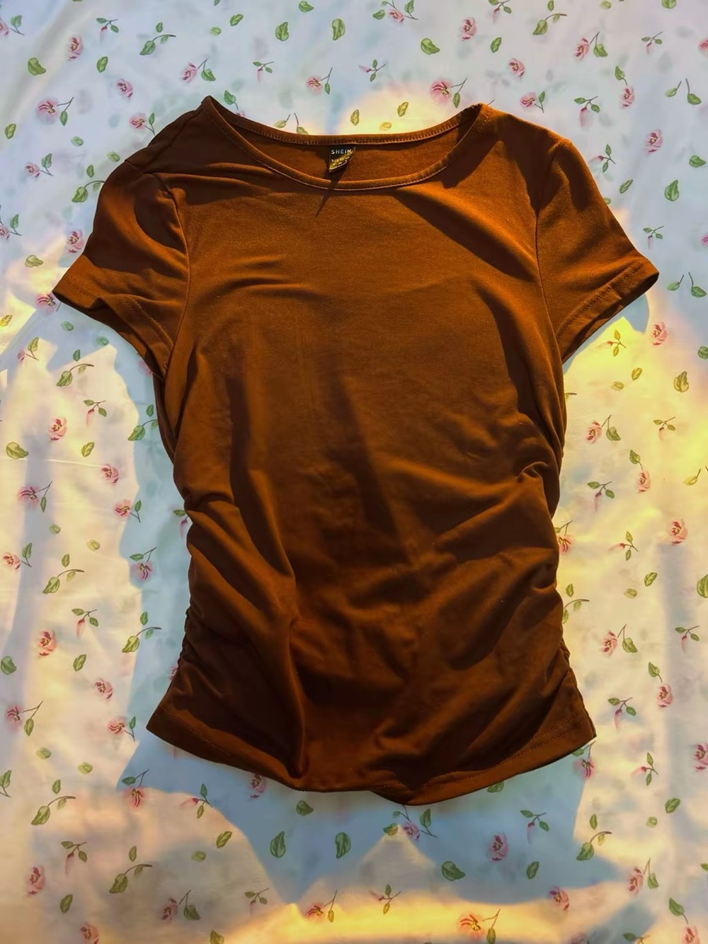 SHEIN Chocolate Brown Fitted Short Sleeve Ruched Side Tee